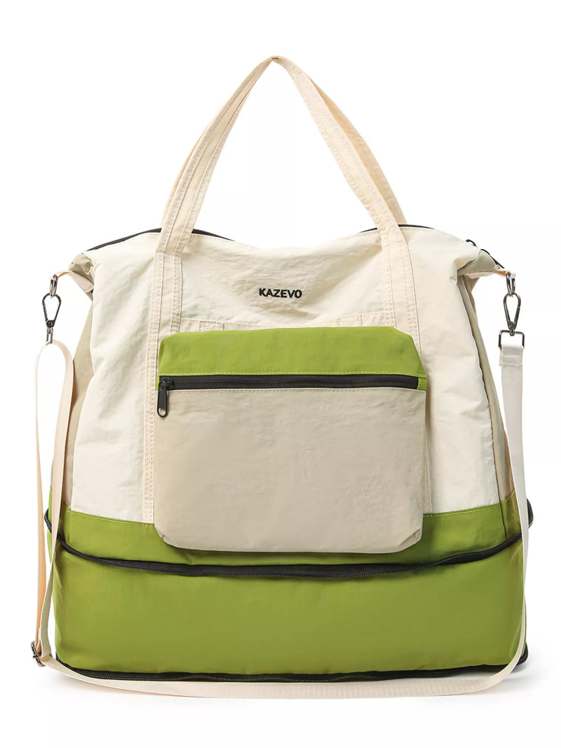 Green and beige tote bag with a visible brand name on a white background