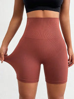 Brown high-waisted shorts worn by a person on a white background