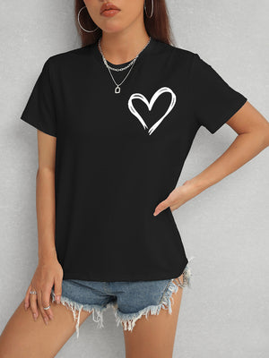 Black Heart Round Neck Short Sleeve T-Shirt