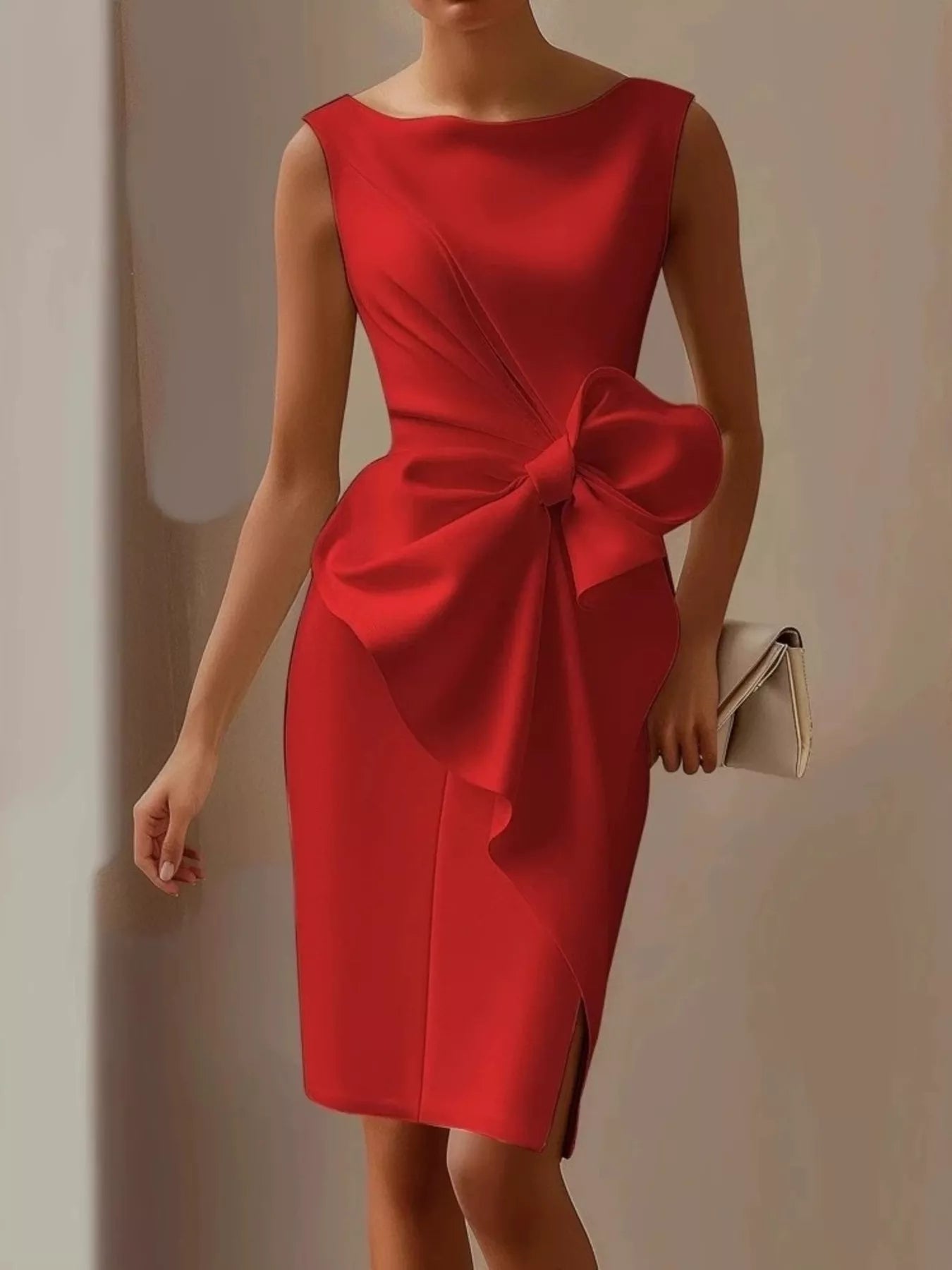 Red dress with a large bow detail on a plain background