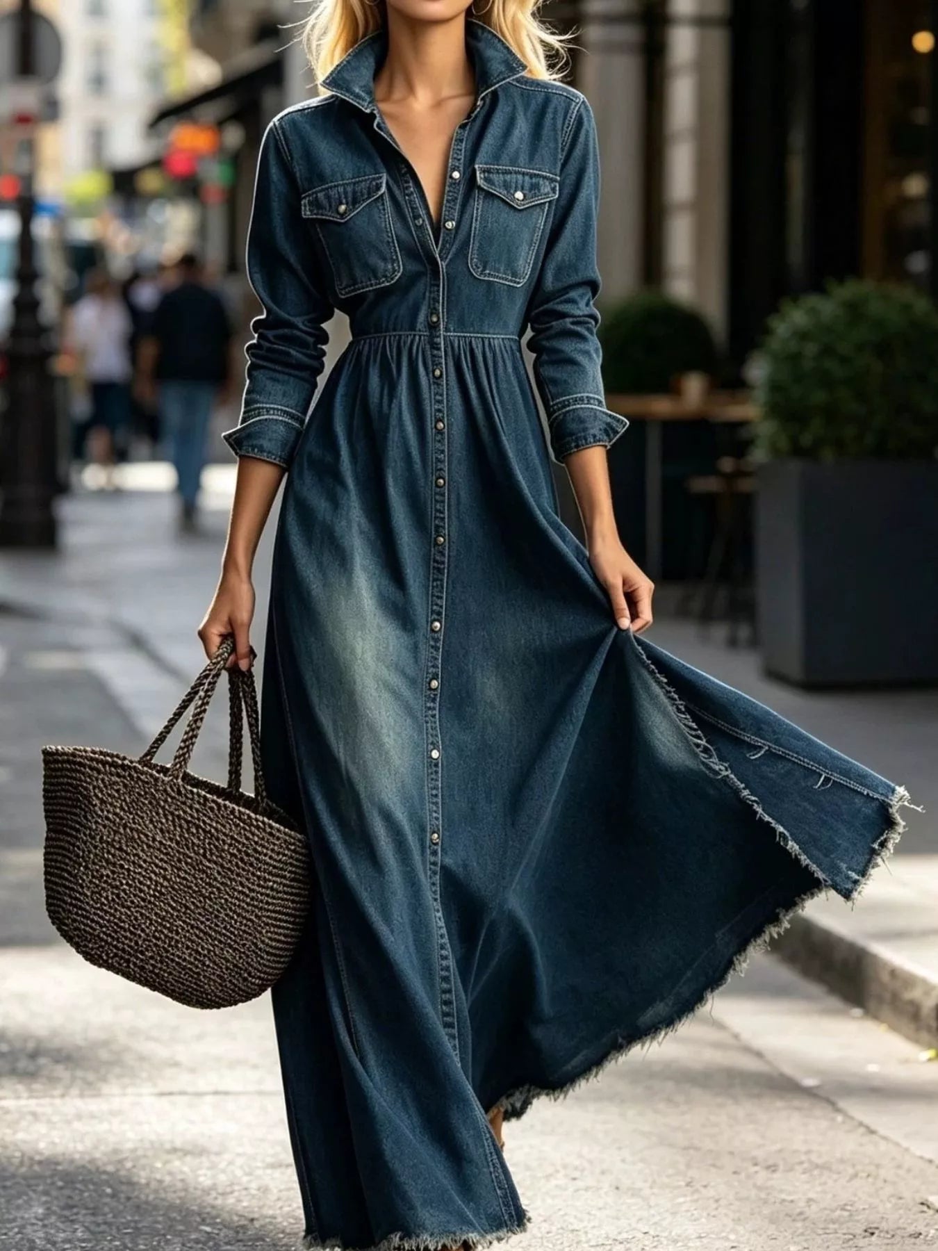 A woman wearing a dark blue denim maxi dress with a button-front closure and chest pockets, walking on a city street while carrying a woven tote bag.