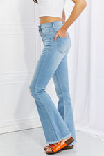Side view of Vibrant MIU Jess Flare Jeans | Ultra High Rise Button Fly Denim