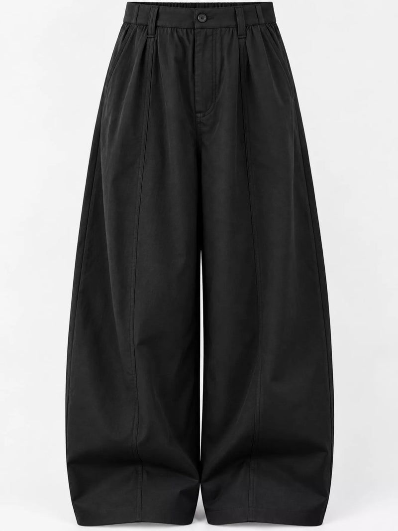 Black wide-leg cropped pants with a high-waisted, pleated front and a single button closure at the waistband, shown against a plain white background.
