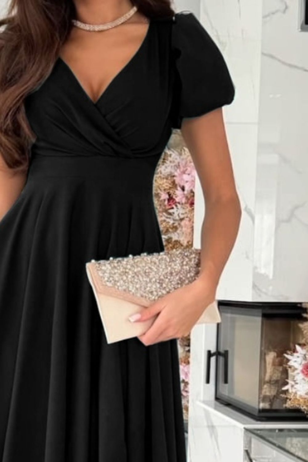 Close up view of black Surplice Puff Sleeve Midi Dress