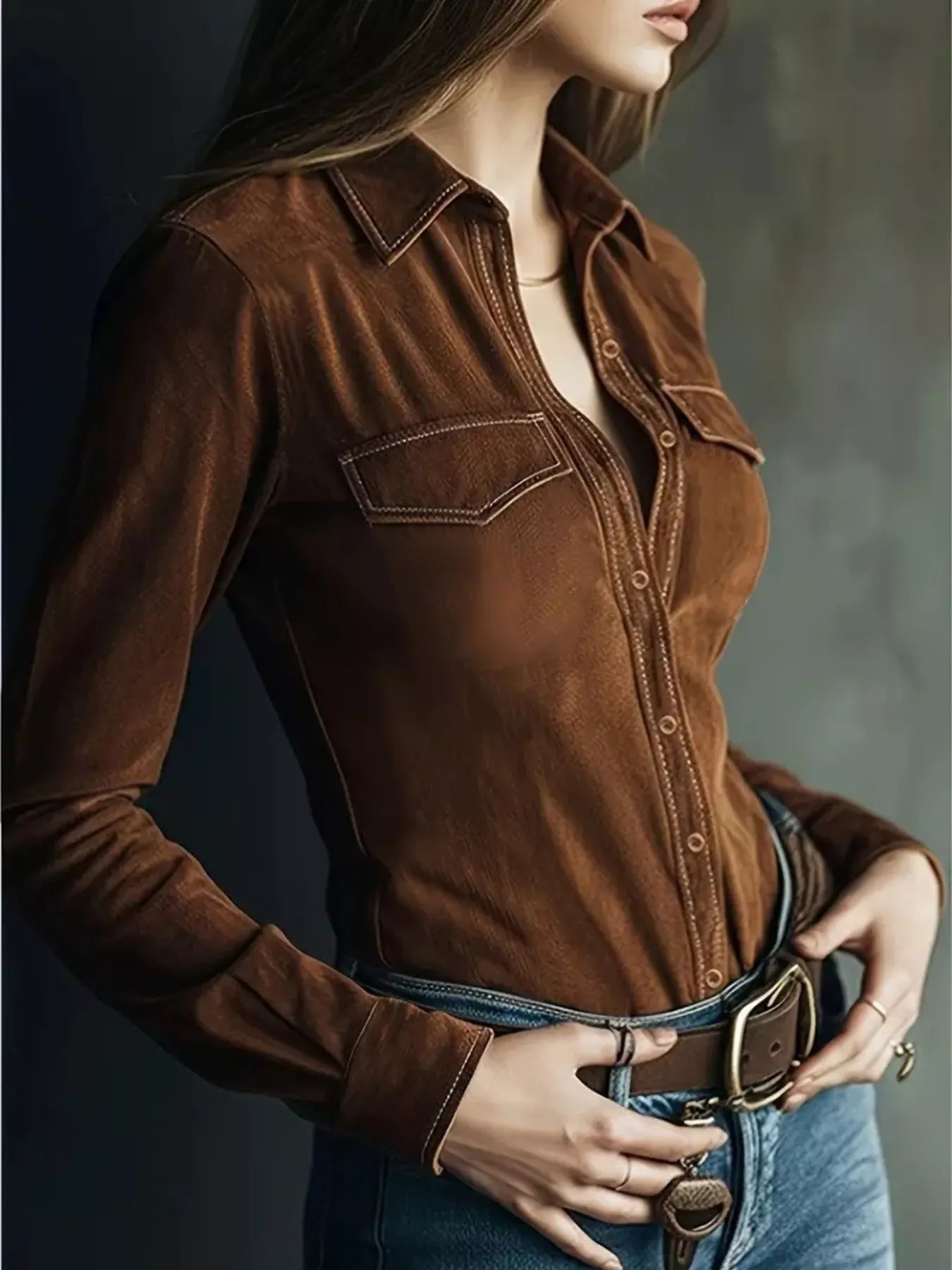 Person wearing a brown suede shirt with a blurred background