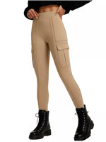 Beige cargo pants worn by a person on a white background