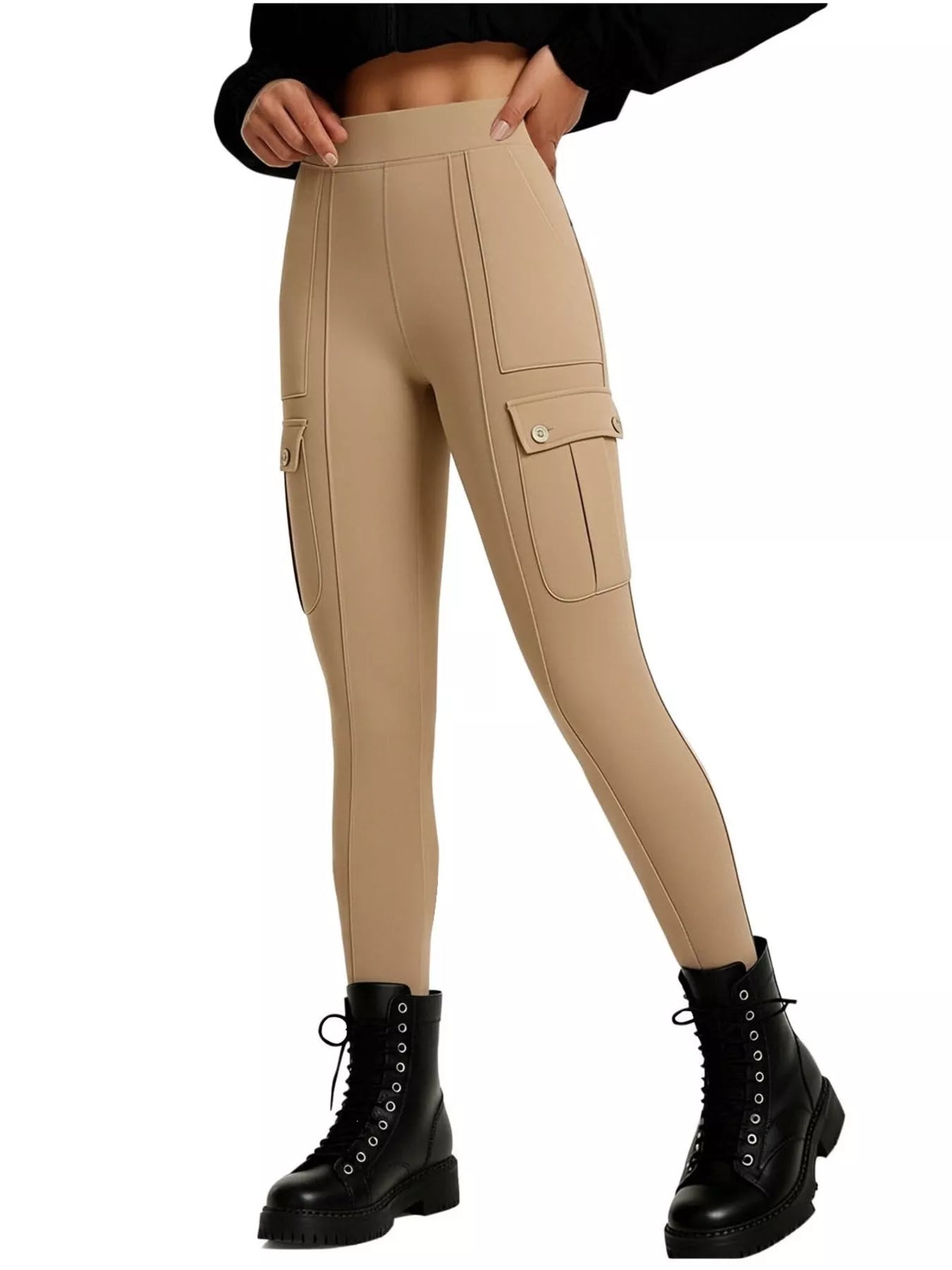 Beige cargo pants worn by a person on a white background