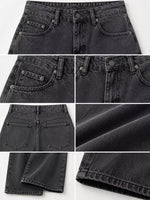 A six-panel product collage showing close-up views of dark gray washed denim jeans, including front and back pocket details, the button and belt loops, fabric texture, folded legs, and hem stitching.