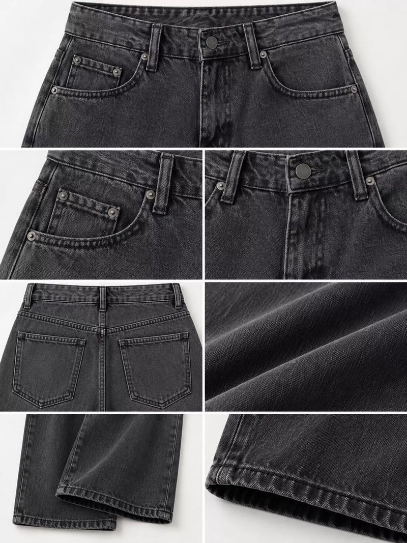 A six-panel product collage showing close-up views of dark gray washed denim jeans, including front and back pocket details, the button and belt loops, fabric texture, folded legs, and hem stitching.