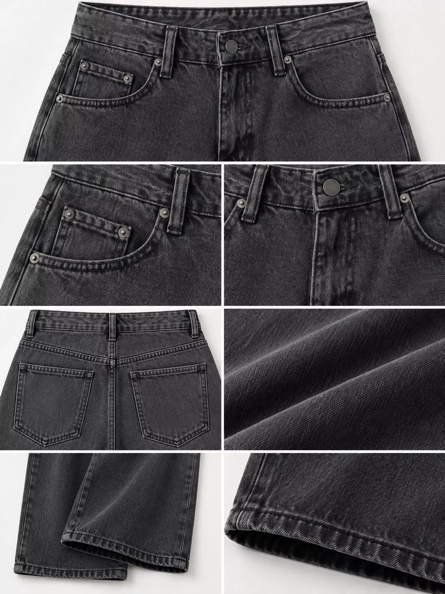 A six-panel product collage showing close-up views of dark gray washed denim jeans, including front and back pocket details, the button and belt loops, fabric texture, folded legs, and hem stitching.