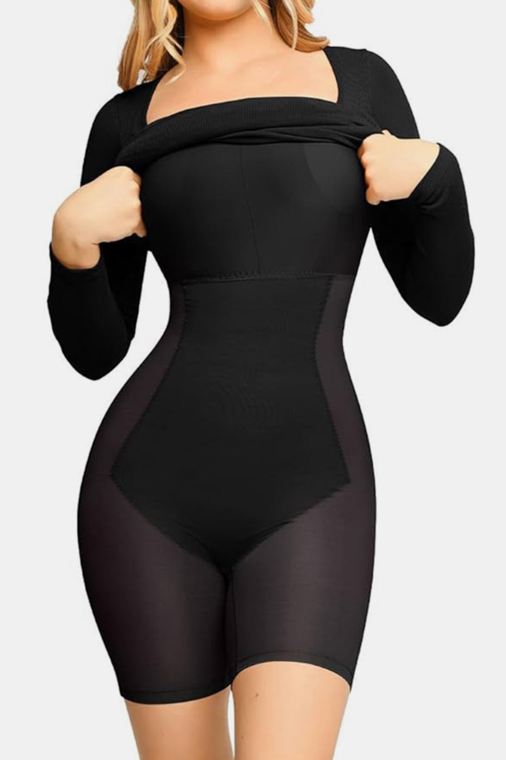 Model showing the spanks under Basic Bae Full Size Built-In Shapewear Square Neck Long Sleeve Dress