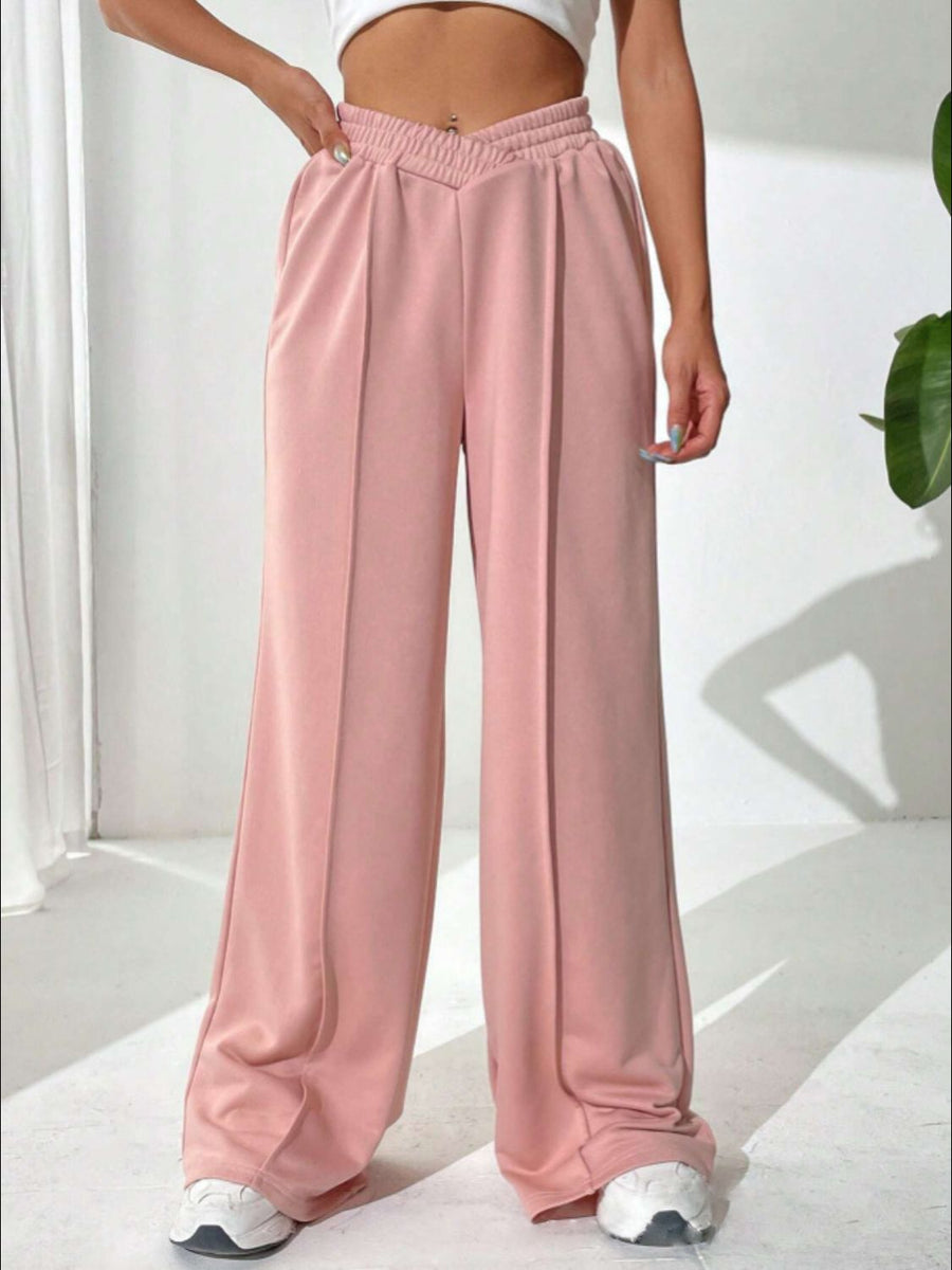Full view of pink Elastic Waist Wide Leg Jogger Pants