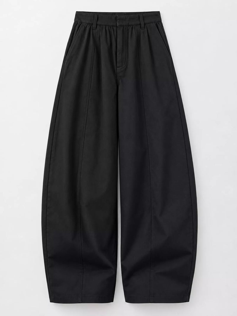 Black wide-leg cropped trousers with a high-waisted, elasticized waistband and front pleats, shown flat on a light gray background.