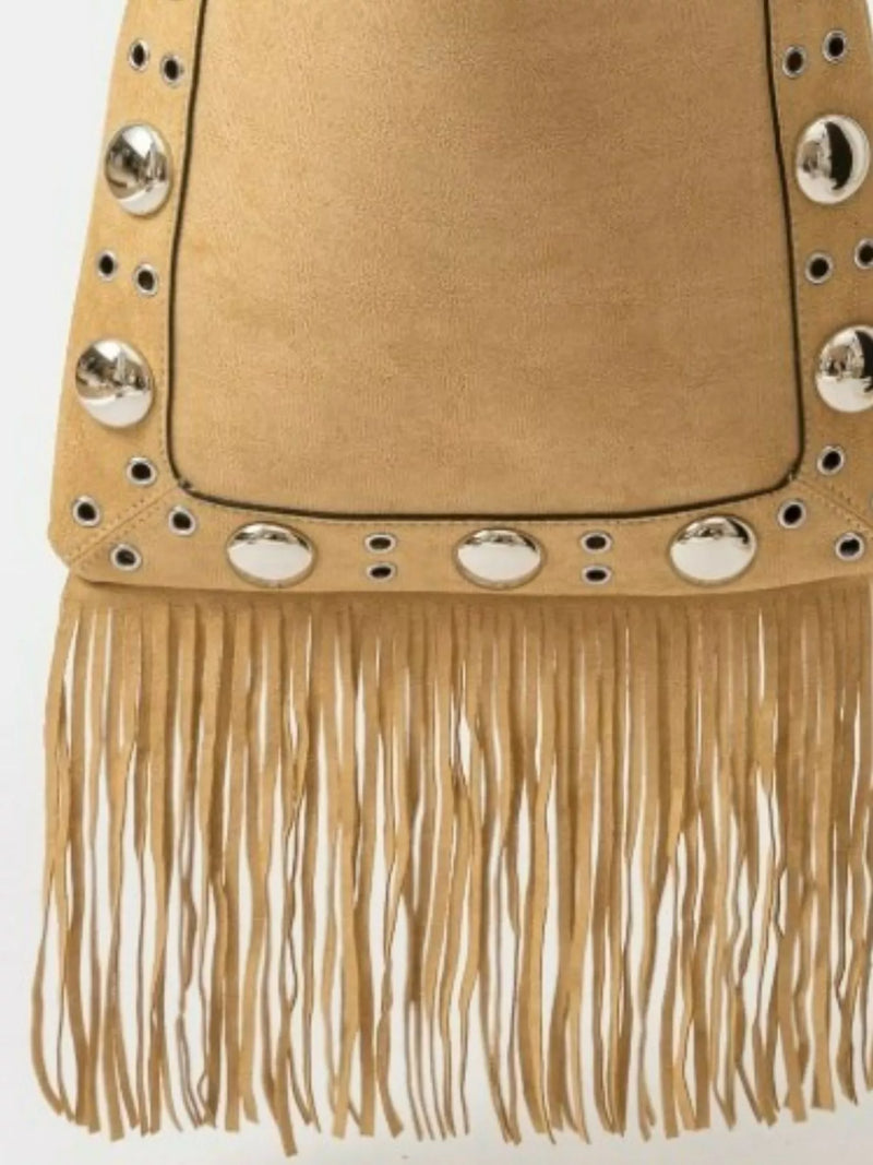 Beige handbag with fringe and studded details on a white background