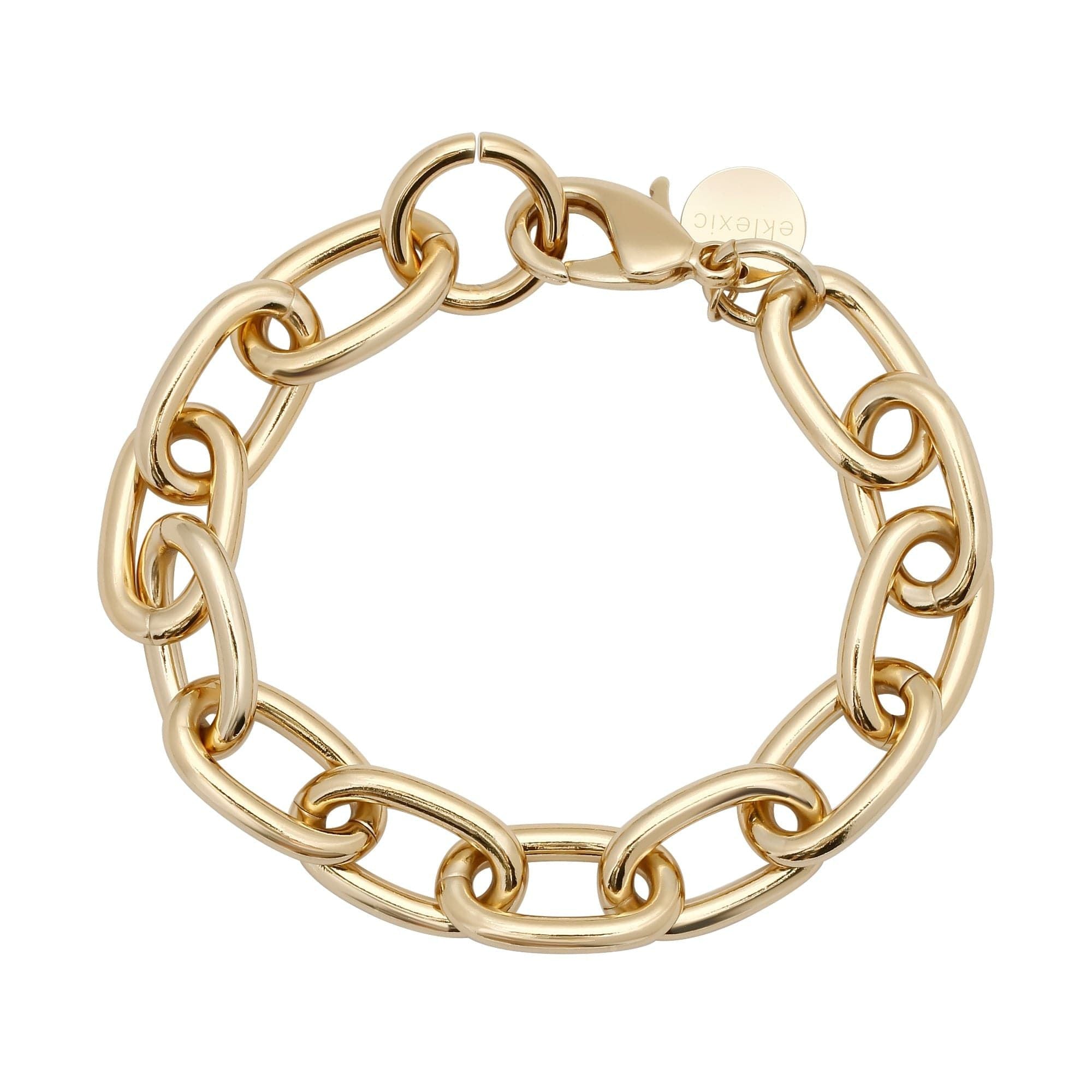 A gold-colored rounded link chain bracelet with a lobster clasp closure.