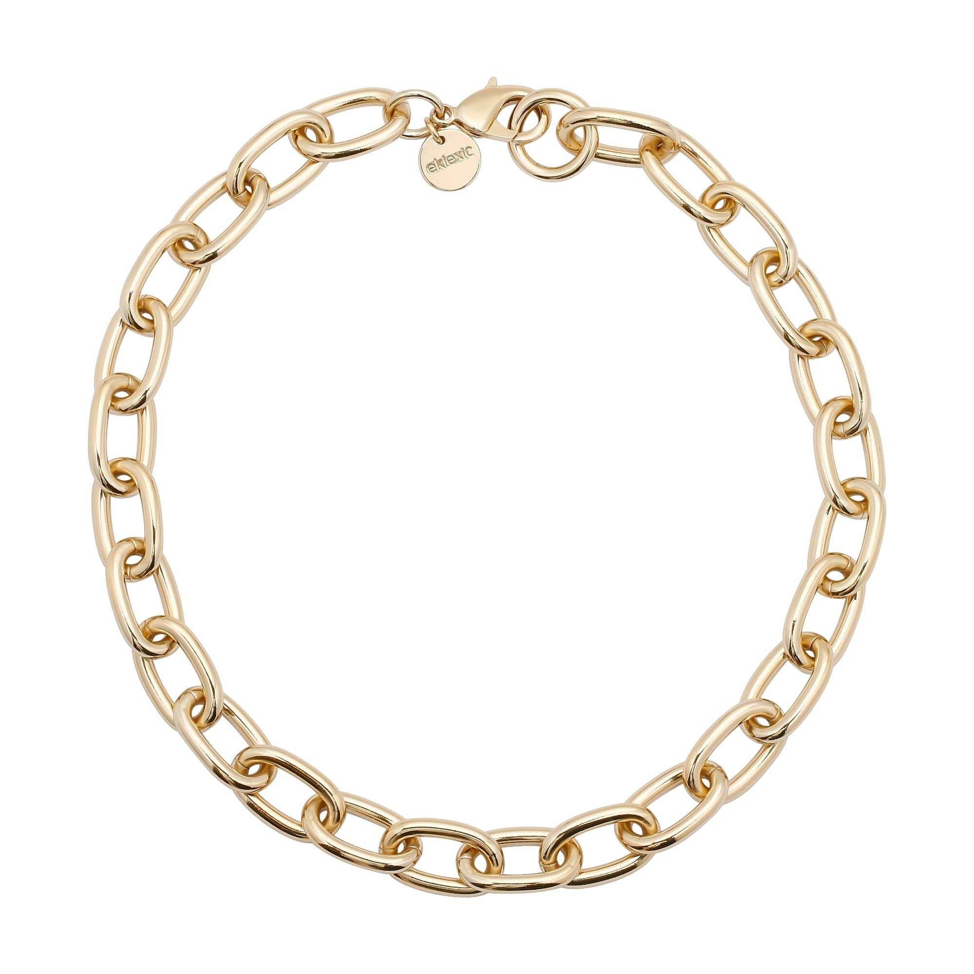 A bold, rounded link chain necklace made of recycled brass with a gold finish, featuring a secure lobster clasp.