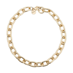 A bold, rounded link chain necklace made of recycled brass with a gold finish, featuring a secure lobster clasp.