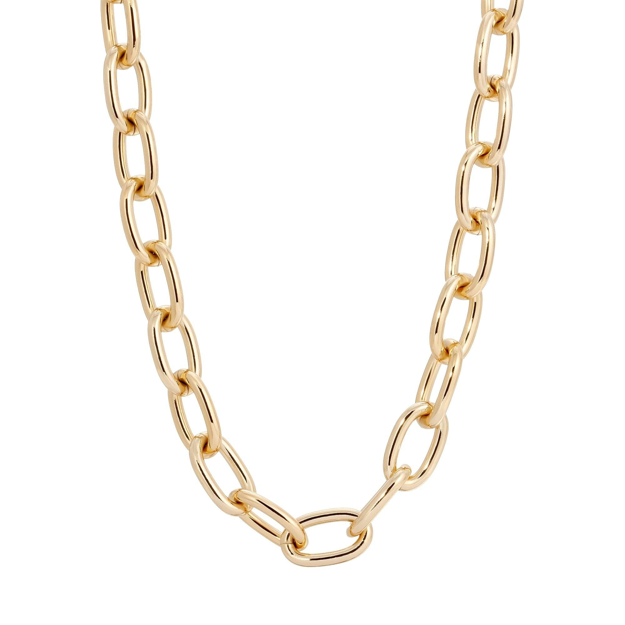 A bold, rounded link chain necklace made of recycled brass with a gold finish, featuring a secure lobster clasp.