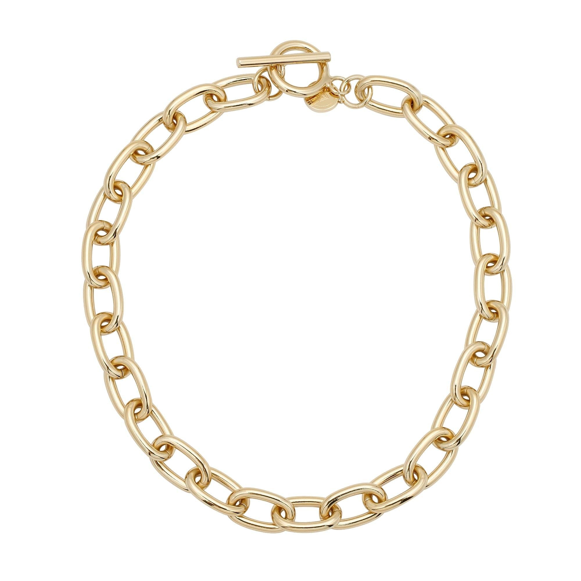 A gold-colored rounded link chain necklace with a toggle clasp.
