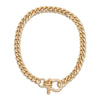 A gold-colored rounded Cuban link chain necklace with a horseshoe clasp.