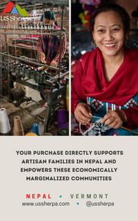 Collage of a woman working with fabric on a machine and another woman in a red scarf, with text about supporting artisan families in Nepal.