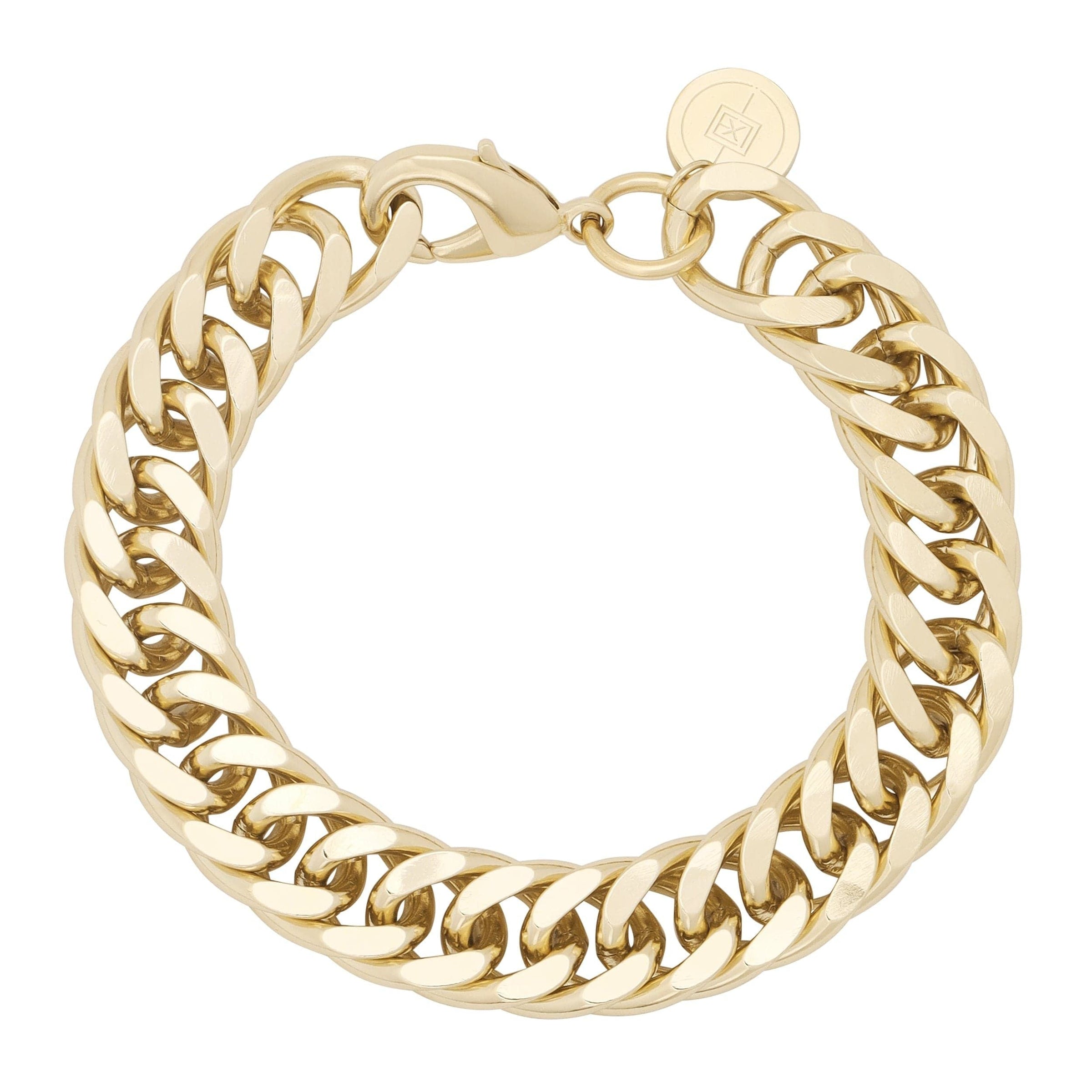 A gold-colored curb chain bracelet with a shiny finish and a clasp closure.