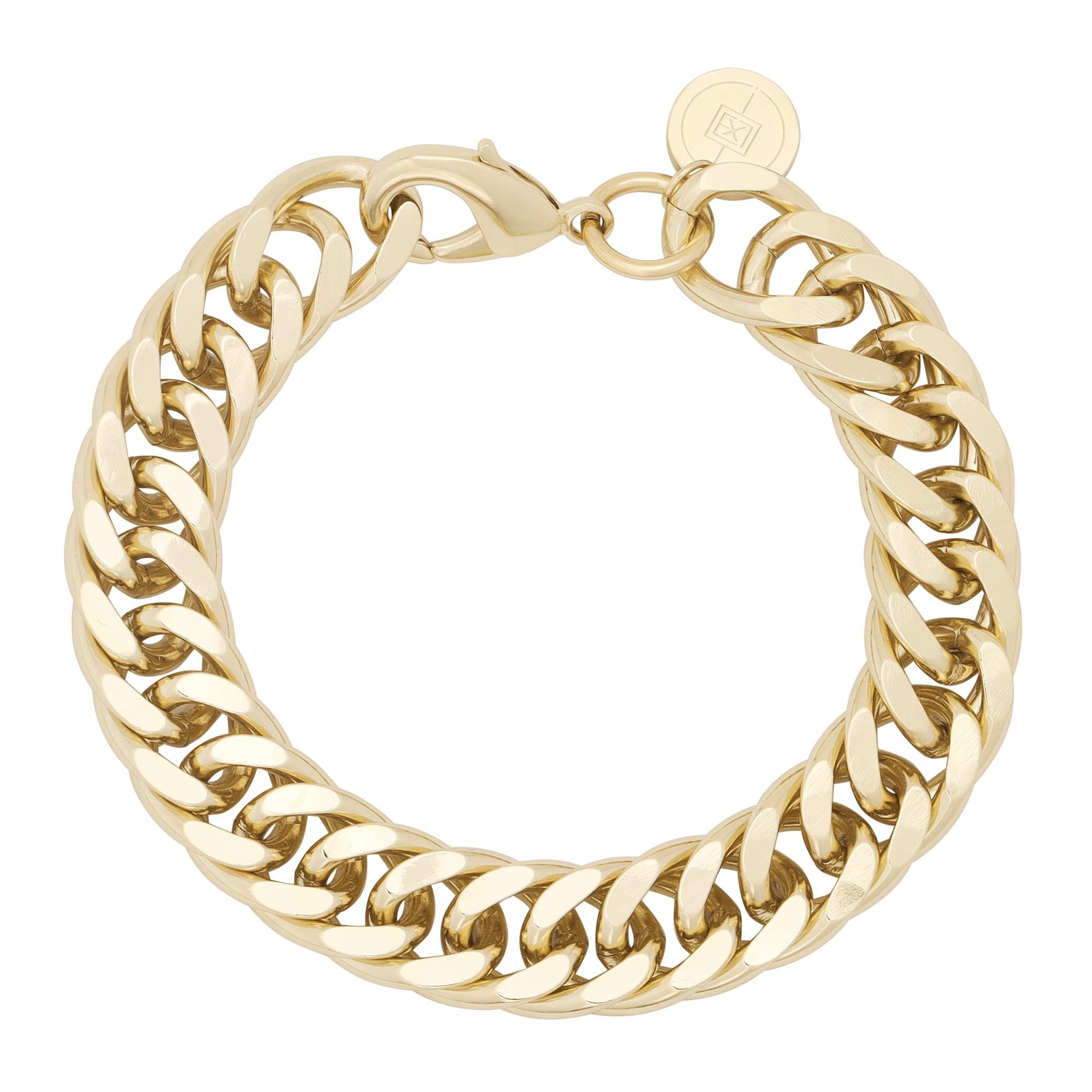 A gold-colored curb chain bracelet with a shiny finish and a clasp closure.