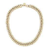A gold-colored slinky curb chain necklace with a clasp, displayed against a white background.