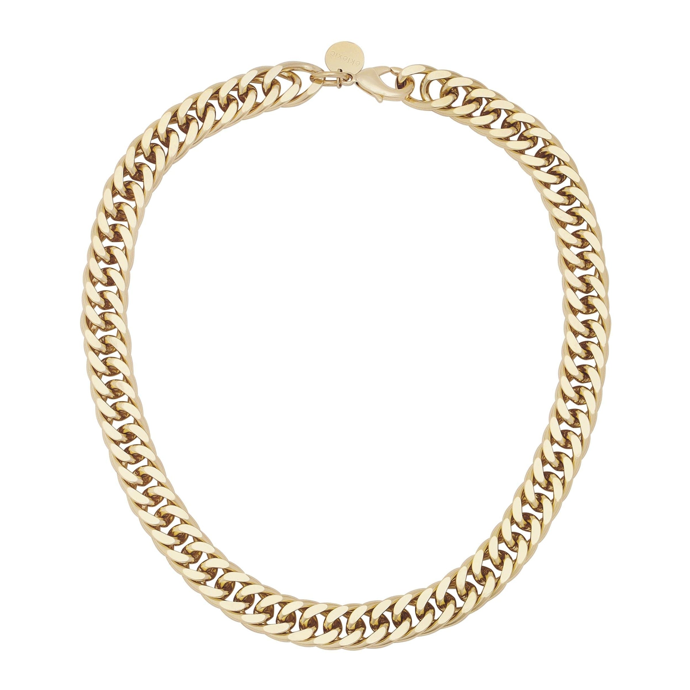 A gold-colored slinky curb chain necklace with a clasp, displayed against a white background.