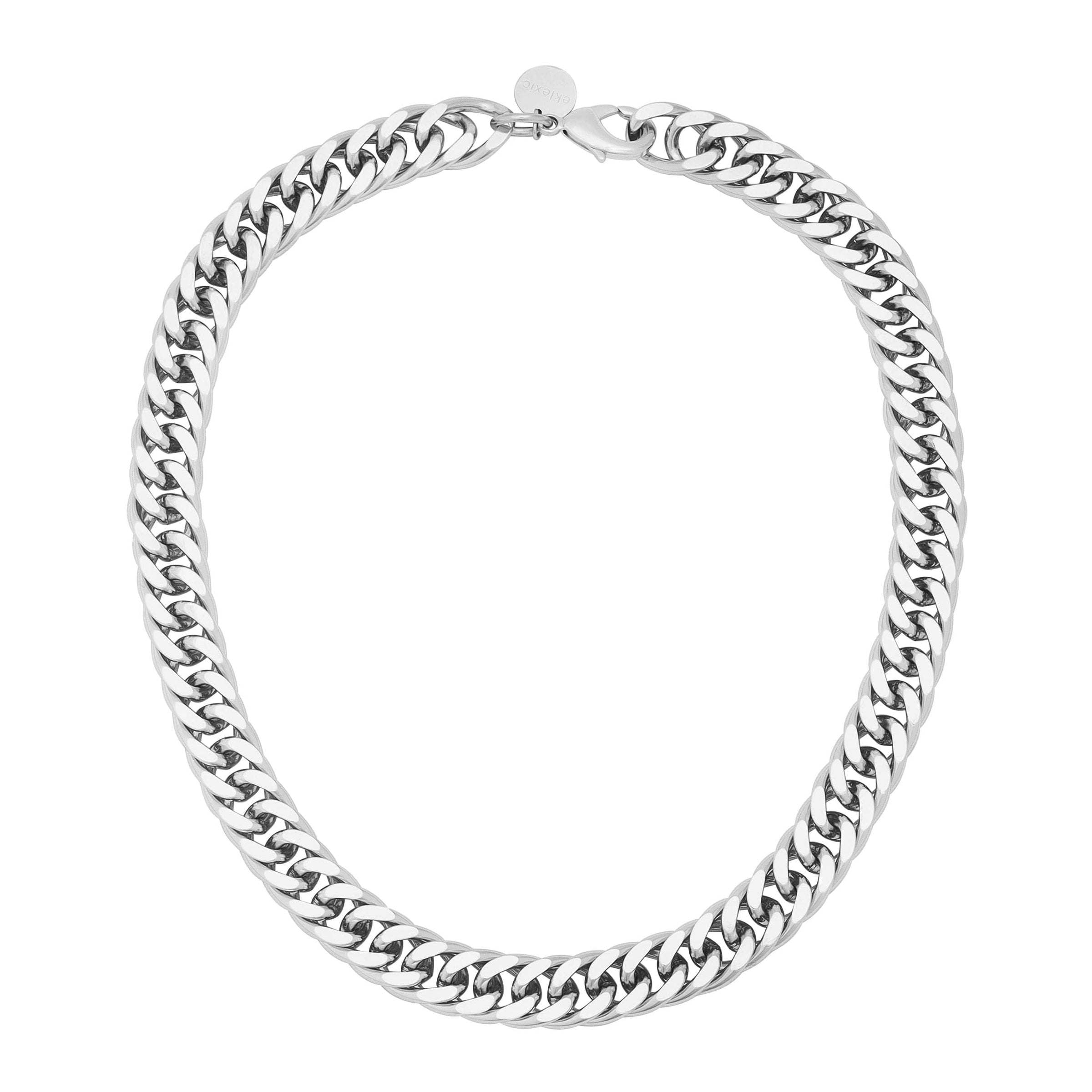 A gold-colored slinky curb chain necklace with a clasp, displayed against a white background.