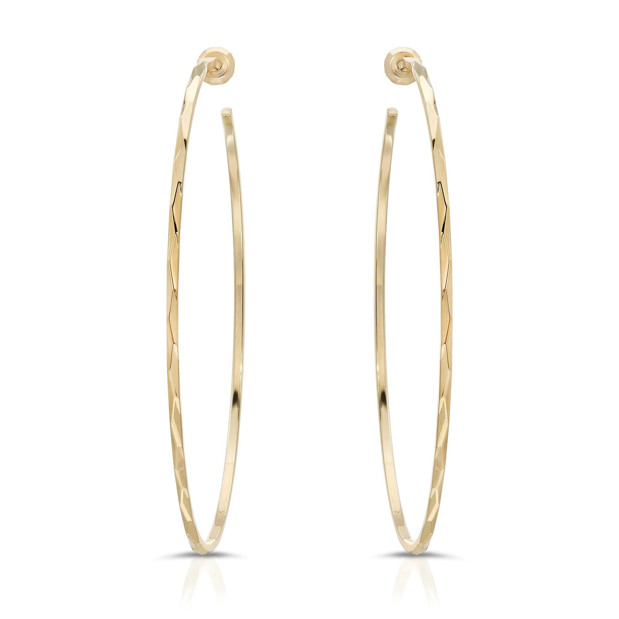 A pair of gold-colored hoop earrings with a textured surface, showing a front and back view.
