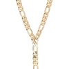 A lariat necklace with a gold-colored Figaro chain.