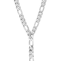 A lariat necklace with a gold-colored Figaro chain.