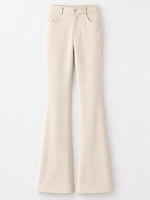 A pair of high-waisted, light beige flared pants with a button closure and belt loops, shown against a plain white background.