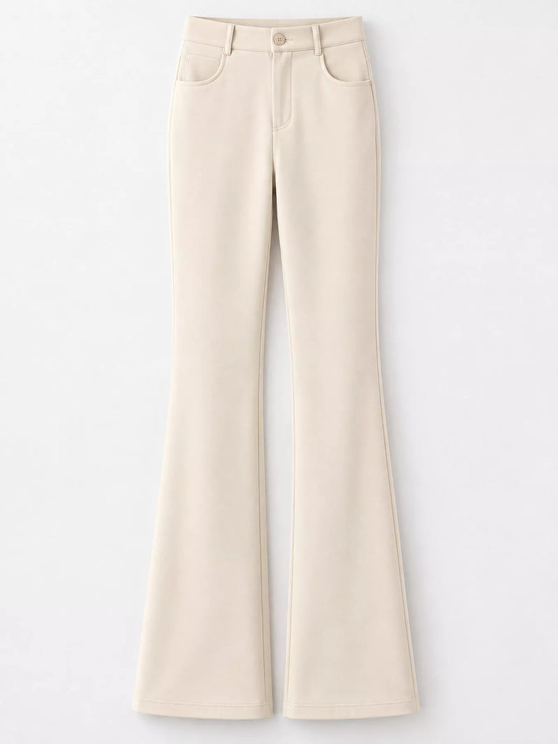 A pair of high-waisted, light beige flared pants with a button closure and belt loops, shown against a plain white background.