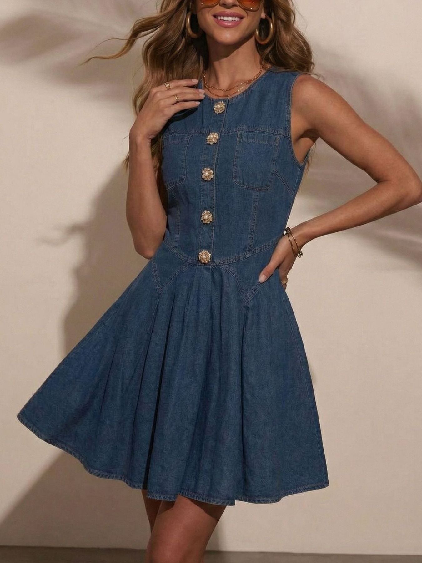 Woman wearing a blue denim dress with gold buttons on a beige background