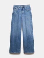 Pair of blue jeans on a light gray background