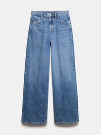 Pair of blue jeans on a light gray background