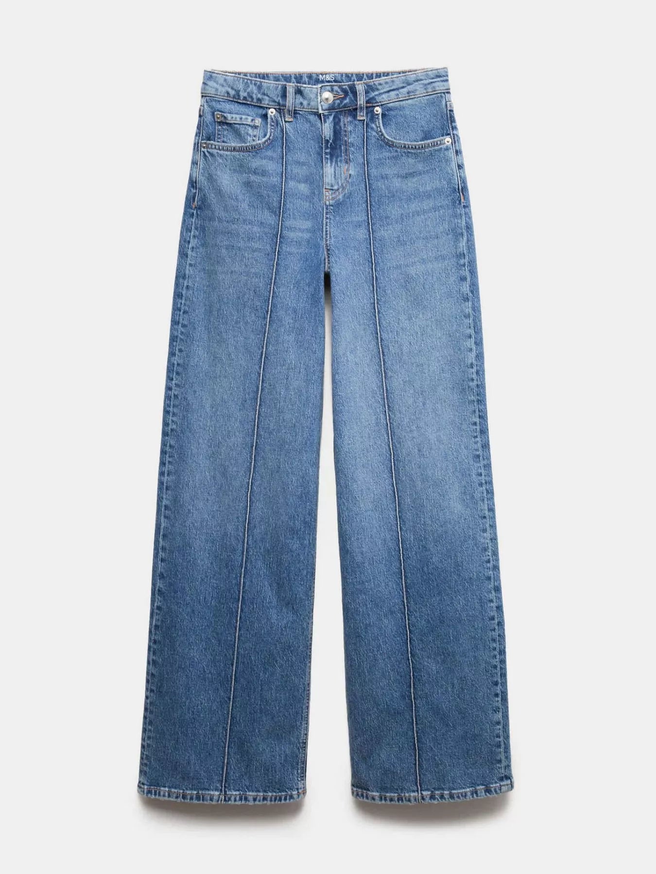 Pair of blue jeans on a light gray background