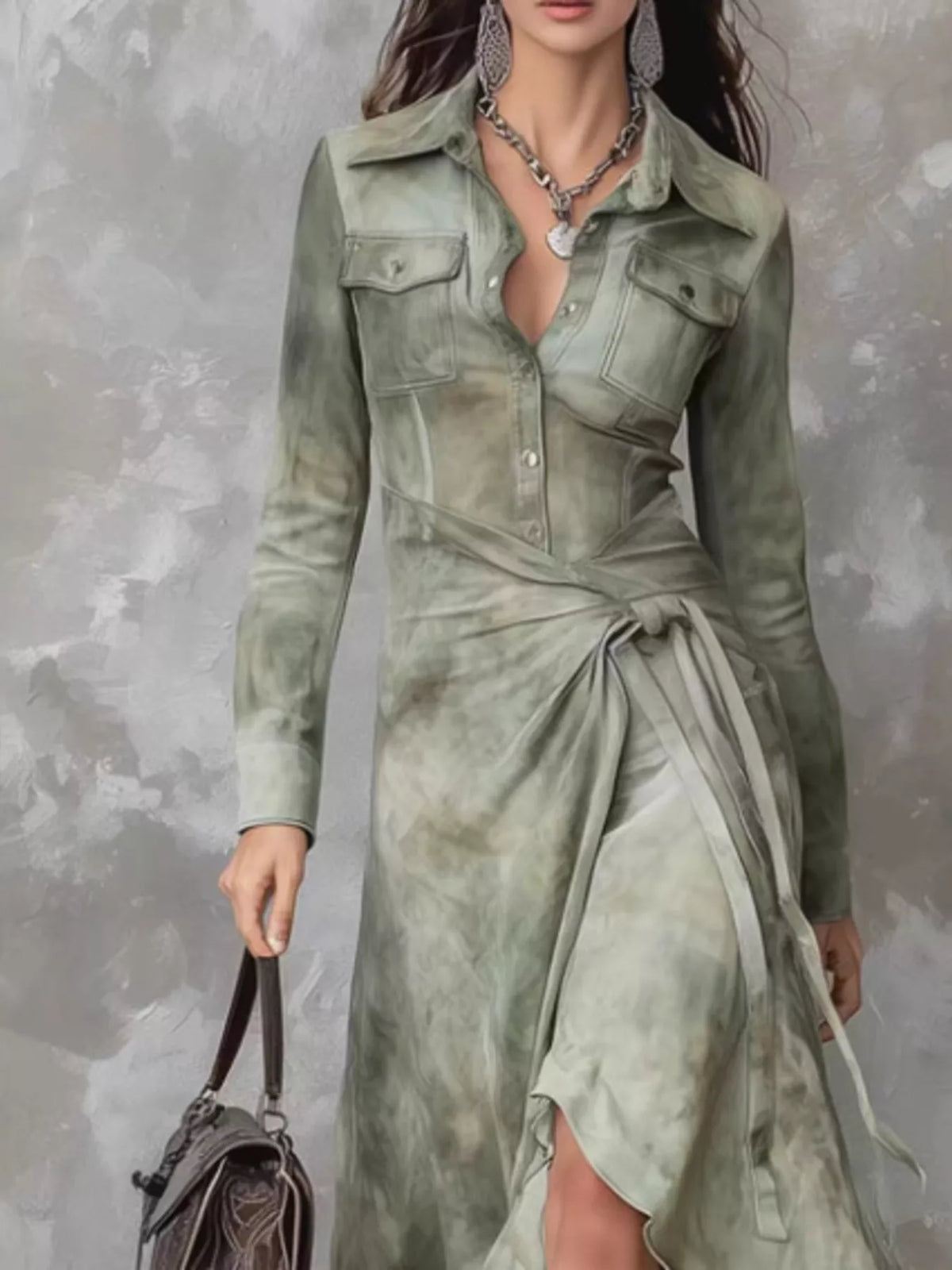 Woman wearing a green tie-dye dress against a textured gray background