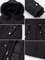 Multi photo of hood, pocket, drawstring and zipper on Women's Detachable Longline Hooded Parka with Faux Fur Trim and Drawstring Waist