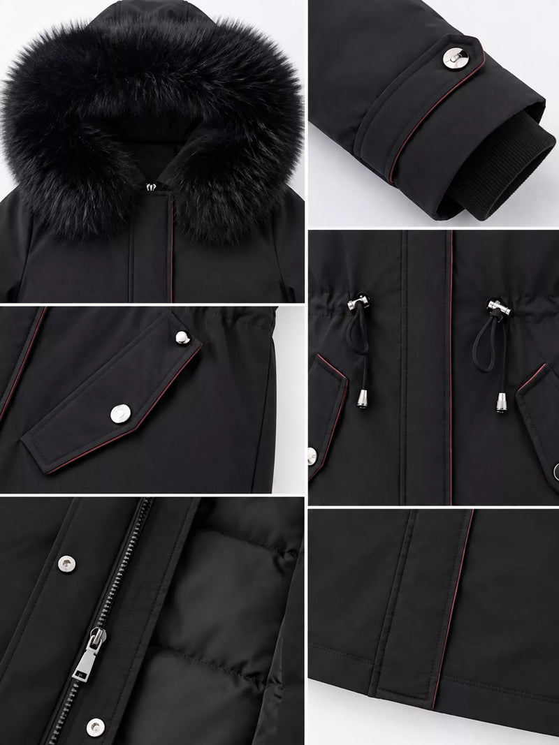 Multi photo of hood, pocket, drawstring and zipper on Women's Detachable Longline Hooded Parka with Faux Fur Trim and Drawstring Waist