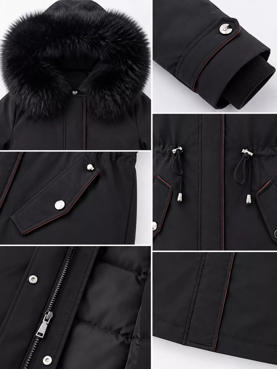 Multi photo of hood, pocket, drawstring and zipper on Women's Detachable Longline Hooded Parka with Faux Fur Trim and Drawstring Waist