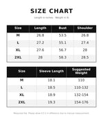 A size chart table showing measurements in inches and weight in lb for sizes M, L, XL, and 2XL, with columns for Length, Bust, Shoulder, Sleeve Length, and Suggested Weight.