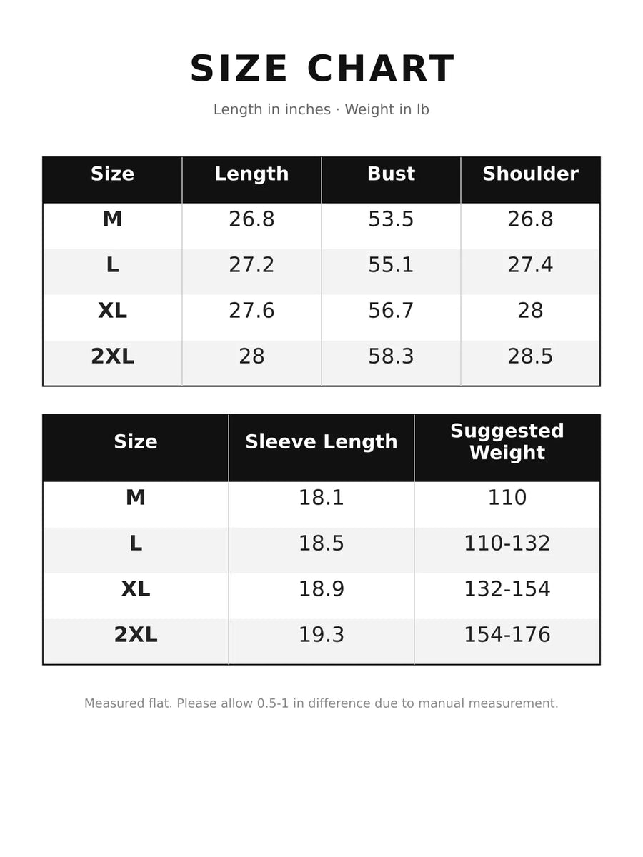 A size chart table showing measurements in inches and weight in lb for sizes M, L, XL, and 2XL, with columns for Length, Bust, Shoulder, Sleeve Length, and Suggested Weight.
