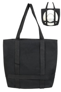Black tote bag with a white background