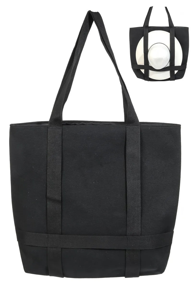 Black tote bag with a white background