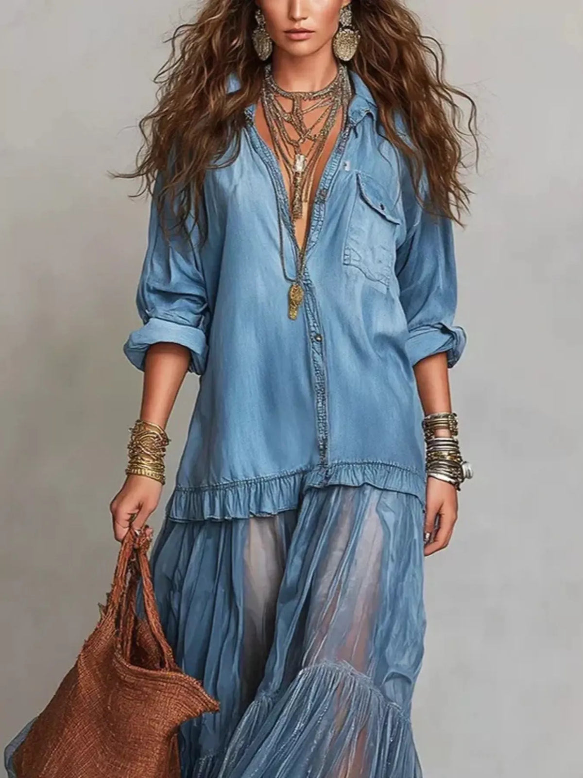 Woman wearing a blue denim outfit with layered necklaces and holding a brown bag on a plain background