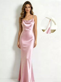 Woman wearing a pink satin dress against a white background