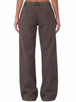 Rear view of a person wearing wide-leg brown pants against a plain white background.
